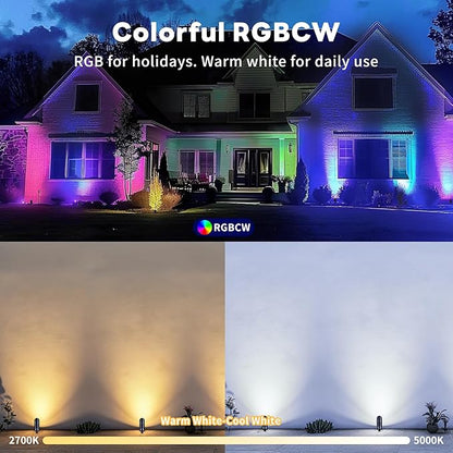 RGBCW Landscape Spotlights Low Voltage - Smart Color-Changing LED 12V Uplights, Spot Lights Outdoor Waterproof, App Control Works with Alexa, Aluminum Black for Outside Trees Wall 4 Pack