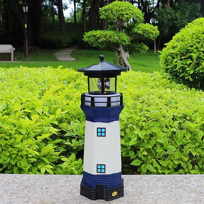 Solar Garden Lighthouse， White and Blue Lighthouse statutte with Rotating Lamp Outdoor Decorative LED Lights for Garden Patio Lawn