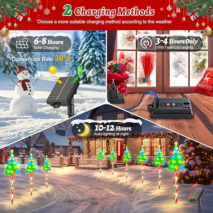12 Pack Taller Solar Christmas Lights Outdoor with USB, Upgraded 10 Modes Christmas Tree Candy Cane Light with 204 | Lumora
