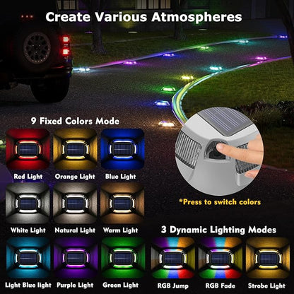8Pack Aluminum Alloy Solar Driveway Lights, IP68 Solar Deck Light Marine Dock Lights Outdoor Waterproof, Multi-color LED Driveway Markers for Walkway, Path Decor [12Modes - Strobe/RGB/Fix-color]