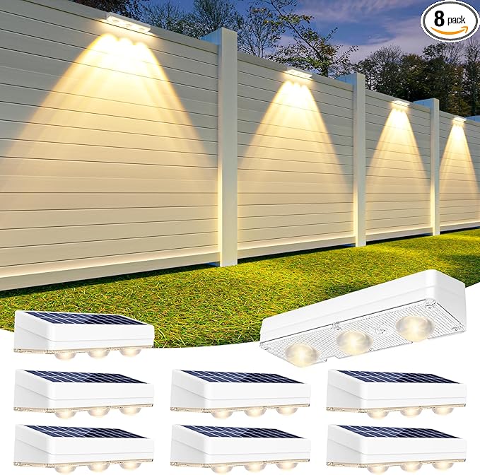Solar Fence Lights Outdoor,1300mAh, 8pack,Warm/Natural/Cool White,IP65 Waterproof,Fence Lights Solar Powered,Solar Lighting for Deck, Backyard, Railing(White)