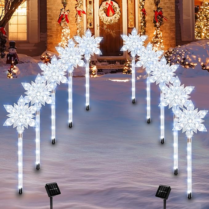 Snowflake Solar Christmas Pathway Lights, Set of 5 LED Outdoor Stake Lights, Waterproof Christmas Decorations for Garden, Yard, Lawn, Walkway, Patio Decor (5pcs Cold White)