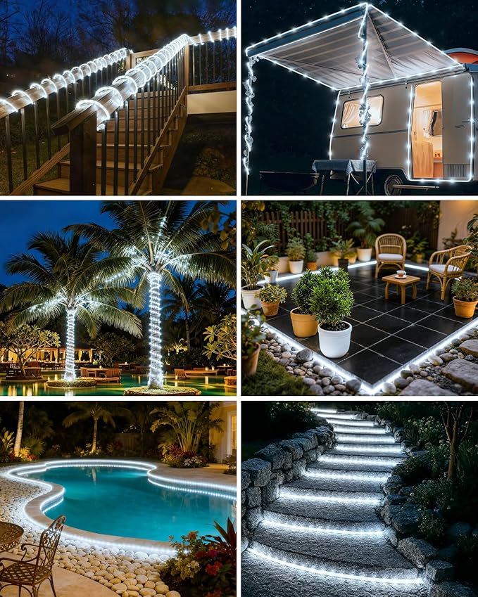 btfarm Solar Rope Lights Outdoor, 120LED 46FT Solar String Lights Outside Waterproof, 8 Lighting Modes Tree Tube Fairy Light Solar Powered for Garden Christmas Yard Party Decorations, Cool White