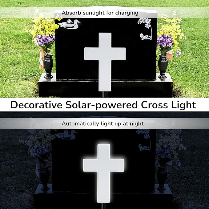 yeesport Solar-Powered Cross Light, Grave Marker Cemetery Decoration, Cemetery Cross for Grave,White LED Light Cross, Garden Stake Light, Outdoor Peaceful Decorative Lamp for Yards, Gardens, Patios