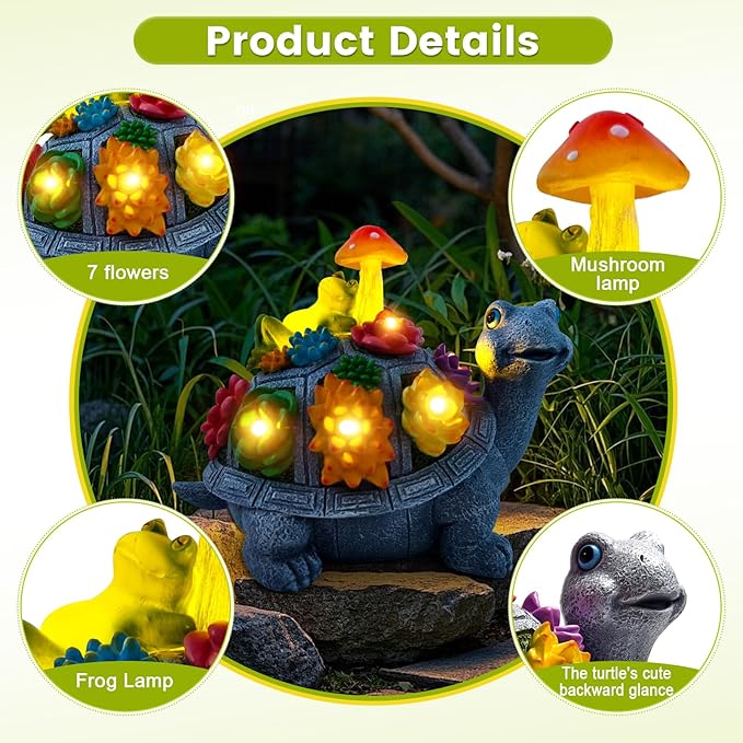 Solar Garden Outdoor Statues Turtle with Succulent and 9 LED Lights - Lawn Decor Tortoise Statue for Patio, Balcony, Yard Ornament - Unique Housewarming Gifts（8.5 Inch）