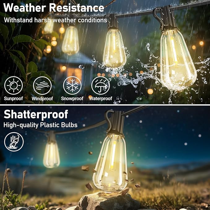 100FT Outdoor Solar String Lights with Remote, USB Rechargeable LED Patio Lights with 52 Timer Dimmable ST38 Edison | Lumora
