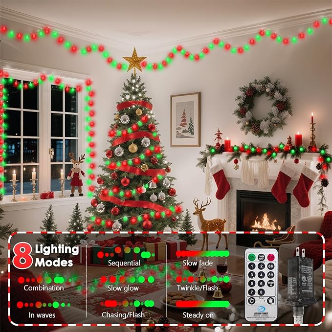 43FT 100LED Connectable Christmas Globe String Lights Indoor Outdoor - Red and Green Fairy Lights Plug in with Remote & 8 Modes, Twinkle Light for Christmas Decorations Bedroom Room Tree Party