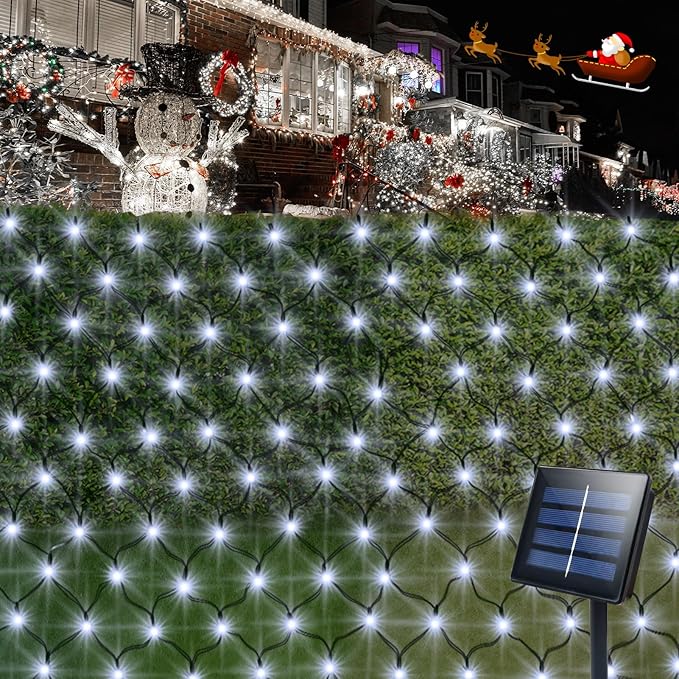 echosari Solar Powered Net Lights, 200 LED 9.8Ft x 6.6Ft Christmas Bush net Lights Dark Green Wire Auto On/Off 8 Modes Net Lights Outdoor Mesh Lights for Bushes Shrubs Lawn Decoration (Cool White)