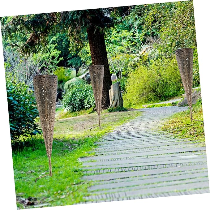 DOITOOL 2pcs Solar Pathway Lights Iron Art Cone Shape Design Decorative Lawn Lamps for Patio and Ambiance