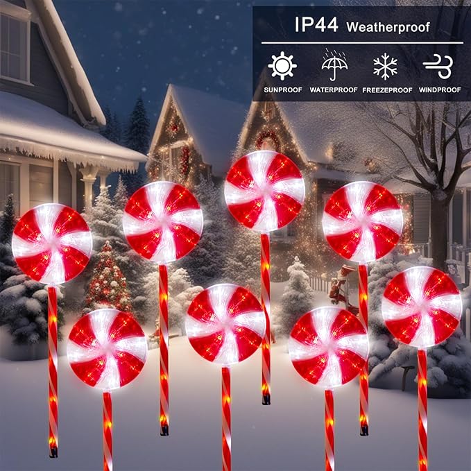 Christmas Solar Pathway Lights, 27" Set of 8 Lollipops Peppermint Stake Lights, 8 Modes Candy Cane Walkside Lights, Outdoor Xmas Decoration for Walkway,Yard(8PCS-Red)