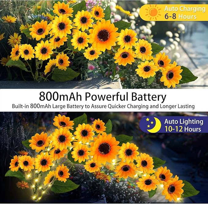 Solar Garden Lights Outdoor, Solar Sunflower Lights with 46 Lifelike Sunflower, Waterproof 90 Bright LED Fall Flowers Garden Decor for Patio Flower Bed Yard, Gift for Mom (2 Pack)