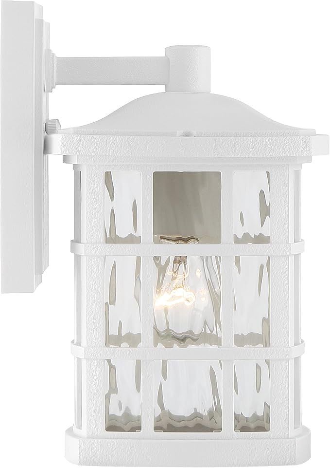 Quoizel Stonington Outdoor Wall Lantern, Coastal Armour 10.5 Inch 1-Light Matte White Vintage Wall Sconce, Clear Water Glass, 100W, Decorative Outside Lights for Patio, Porch, Garage or Yard