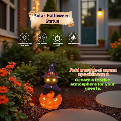 Solar Witch Black Cat Figurine Light for Gothic Theme Party, Solar Outdoor Lights Harvest Pumpkin LED Spooky Cat Garden Statue Led Yard Light Patio Porch Pathway, Fall Decor Home Gifts for Cat Lovers