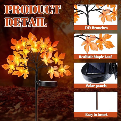 VIHOSE 4 Pcs Fall Maple Outdoor Solar Lights Thanksgiving Decorations LED Tree Lights Powered Solar Stake Waterproof for Outside with Adjustable Branches Autumn Decorations for Yard Lawn Patio