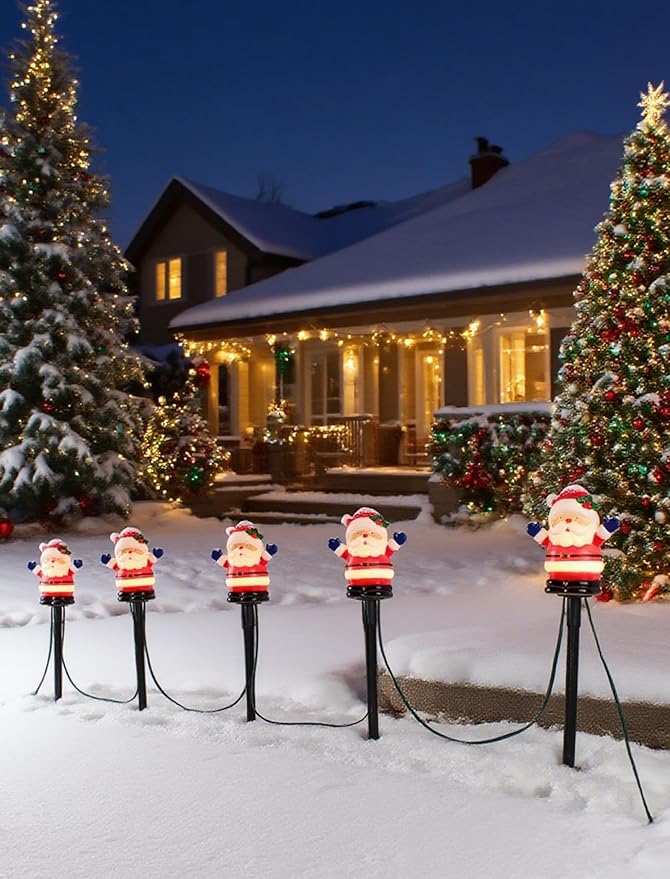 5 Pack Christmas Decorations Outdoor Santa Claus Pathway Lights, Connectable Garden Stakes with C7 Bulbs, UL | Lumora