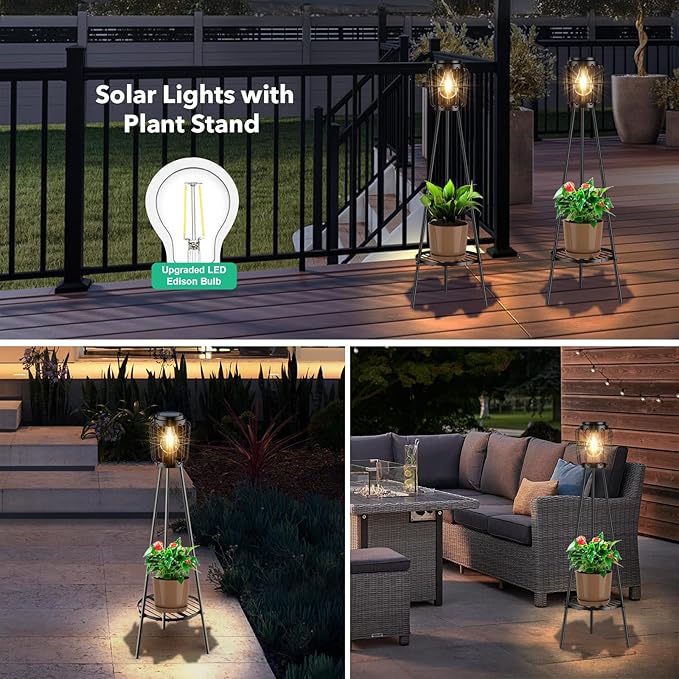 MXwcy 2 Pack Solar Lights Outdoor with Plant Stands, Solar Floor Lamp with LED Edison Bulbs for Garden Yard Pathway | Lumora
