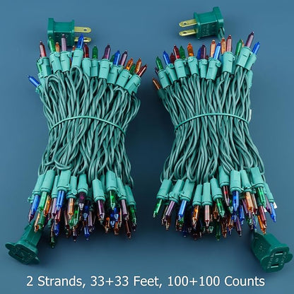 200 Multicolor Christmas Lights, Pack of 2 Strands 100 Count 33 ft Green Wire Incandescent-Style LED String Light (Multicolor)