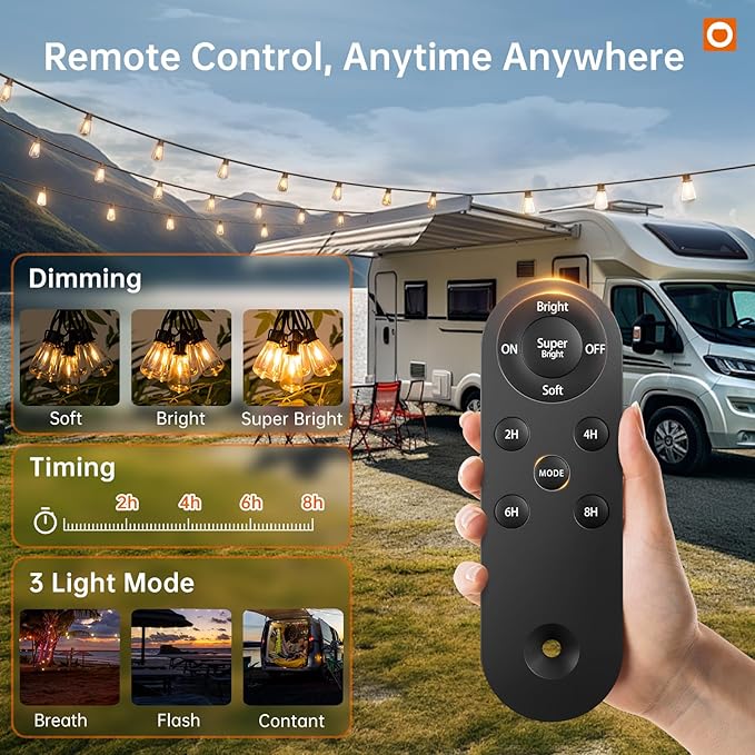 addlon 120FT(114+6) Solar String Lights Outdoor, Waterproof Solar Powered Outside Lights with Remote & USB Port, ST38 LED Shatterproof Bulbs, Dimmable Solar Light for Camping Backyard Porch