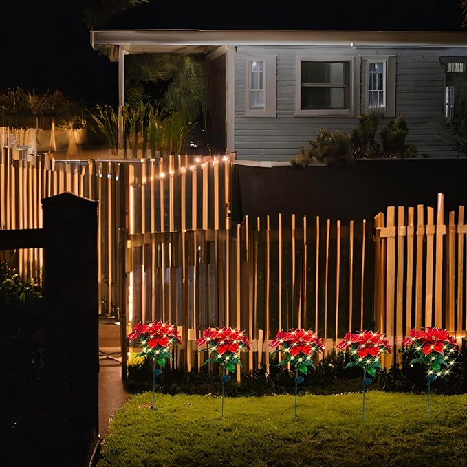 Waterproof Solar Poinsettia Flowers Lights - Landscape Lighting Stakes With 50 LED for Christmas Pathway Garden Yard Lawn Outdoor Decoration