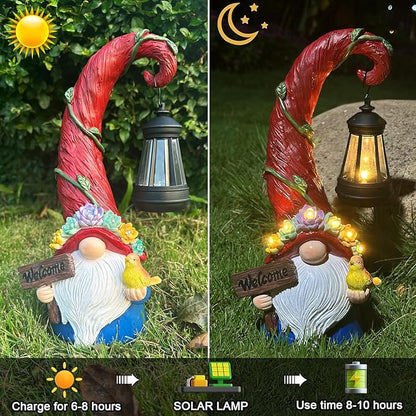 Gnome Garden Decor Statue - Solar Lantern Christmas Gnomes Decorations for Yard with Succulent and 6 LED Lights Outdoor Decoration for Patio