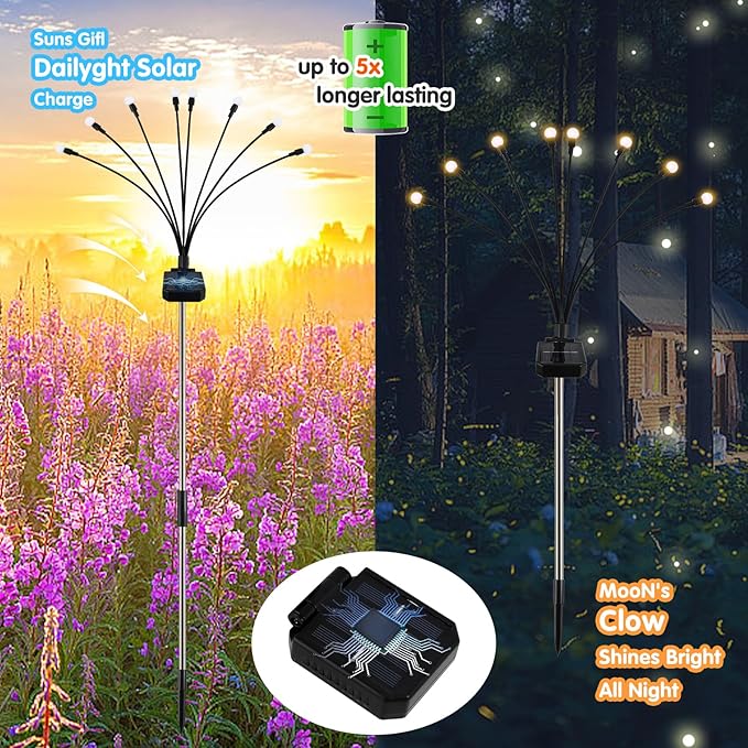 Solar Firefly Lights,4 Pack,Solar Garden Lights,Firefly Lights,Outdoor Waterproof Yard Decorations,Christmas Party Decorations,Variable Height,High Flexibility Iron Wire & Heavy Bulb Base