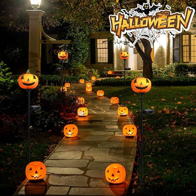 Afirst Halloween Pumpkin Pathway Solar Lights Handblown Glass Halloween Jack O Lantern Yard Display Solar LED Outdoor Décor Front Porch Decor 2 Pack, Orange