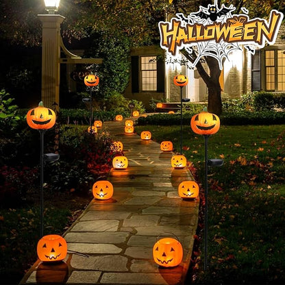 Afirst Halloween Pumpkin Pathway Solar Lights Handblown Glass Halloween Jack O Lantern Yard Display Solar LED Outdoor Décor Front Porch Decor 2 Pack, Orange