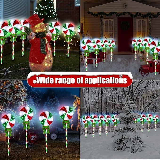 4 Pack 27.5" Lollipop Peppermint Christmas Pathway Lights Outdoor with Bows, Green Red White 80 LED Candy Cane Lights 8 Modes Timer Waterproof, Walkway Markers for Xmas Outsides Garden Yard Decoration