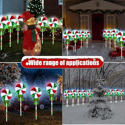 4 Pack 27.5" Lollipop Peppermint Christmas Pathway Lights Outdoor with Bows, Green Red White 80 LED Candy Cane Lights 8 Modes Timer Waterproof, Walkway Markers for Xmas Outsides Garden Yard Decoration