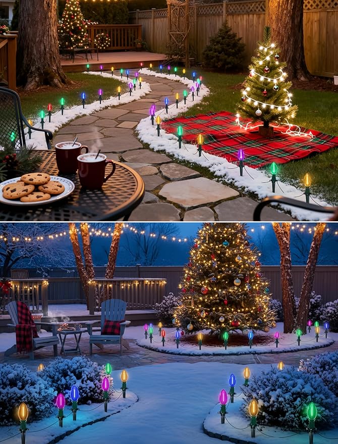 38FT LED C9 Multicolor Christmas Pathway Lights Outdoor,25 Weatherproof LED Christmas Walkway Lights with C9 Multicolor Bulbs and Stakes for Lawn Backyard snowfield Xmas Decorations