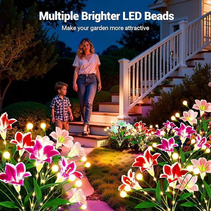 WdtPro Upgraded Solar Garden Lights Outdoor: 4 Pack 2-in-1 Solar Firefly Swaying Light with Lily Flower and Glowing | Lumora