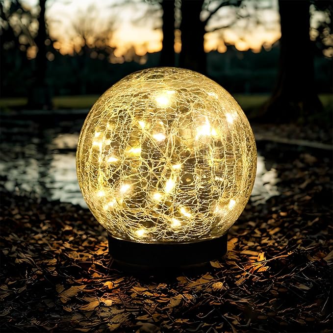 Solar Cracked Quartz Pathway Lights – IP68 Waterproof Dual-Temperature Glow for Garden Safety Artisanal Glass Globe with 10hr Runtime (Patio/Yard Decor) (Warm White)
