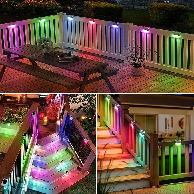 8 Pack Color Change Solar Step Lights Outdoor Small Waterproof RGB LED Stair Lamp Outside Decorative Lighting for Deck, Staircase, Railing, Pool, Retaining Wall, No Drill Install(White Shell)