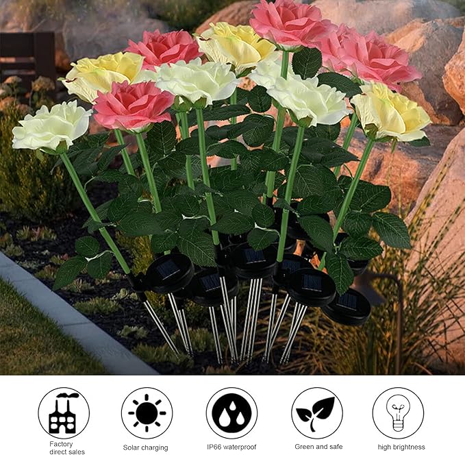 2Pcs Solar Flowers Lights Outdoor Waterproof Single Head Rose Flowers Stake Light Garden Landscape Lighting for Outdoor Yard Lawn Path Balcony Party Decoration