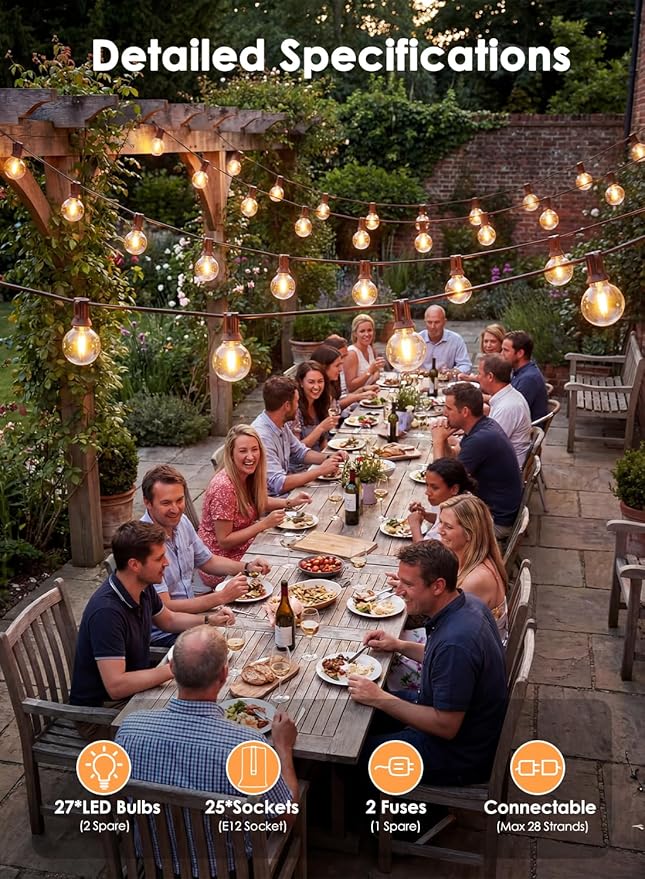 SUNSGNE 25FT Brown Outdoor String Lights, Shatterproof LED Globe String Lights with G40 Bulbs, Waterproof Connectable Hanging Light for Backyard Patio Porch Balcony Party Decor, E12 Base