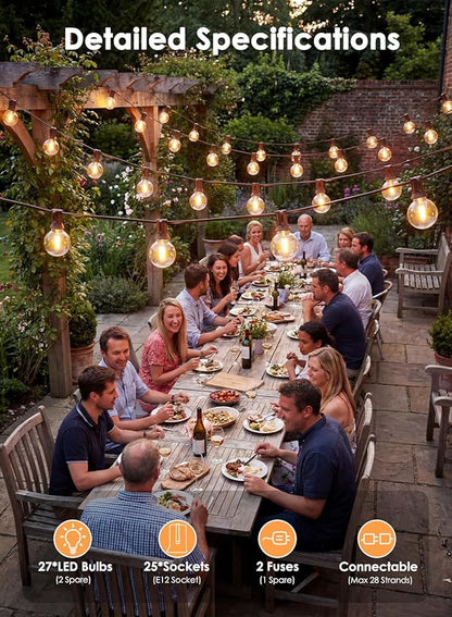SUNSGNE 25FT Brown Outdoor String Lights, Shatterproof LED Globe String Lights with G40 Bulbs, Waterproof Connectable Hanging Light for Backyard Patio Porch Balcony Party Decor, E12 Base