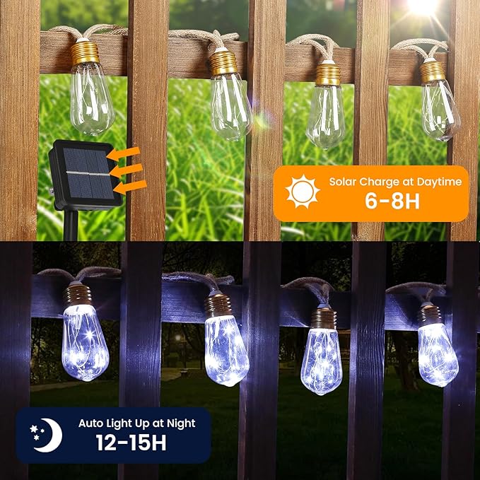 2Pack Solar Outdoor String Lights 24FT Vintage Rope Hemp Solar Lights with 20 Shatterproof Bulbs,8 Modes Solar | Lumora