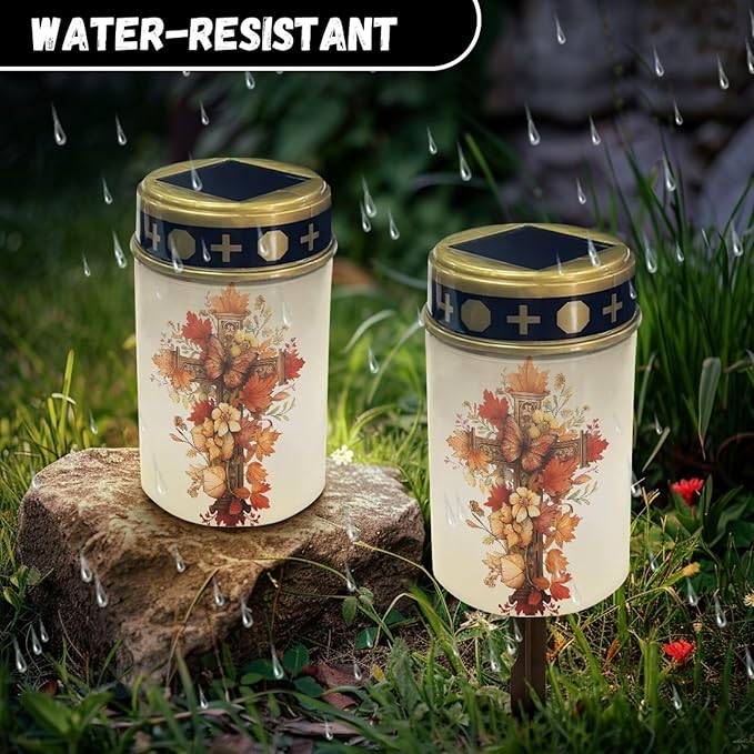 Solar Light Outdoor for Cemetery, Cross Butterfly Waterproof Garden Lights Solar Powered for Garden, Balcony, Yard