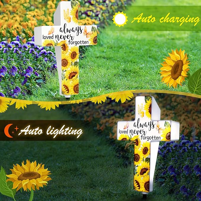 VIHOSE Sunflower Solar Lighted Cross Always Loved Never Forgotten Outdoor Sunflower Solar Decoration Memorial Light up Cross Stake for Home Outside Church Cemetery Garden Yard Porch Lawn Decor