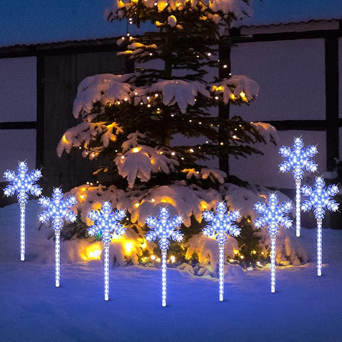LAMPHOME Shooting 17" 568LED Snowflake Lawn Stake Light Super-Bright White and Blue 4 Stakes Total Christmas Outdoor Decoration with UL Standard Adaptor for Outdoor Pathway Lawn Holiday Party Home