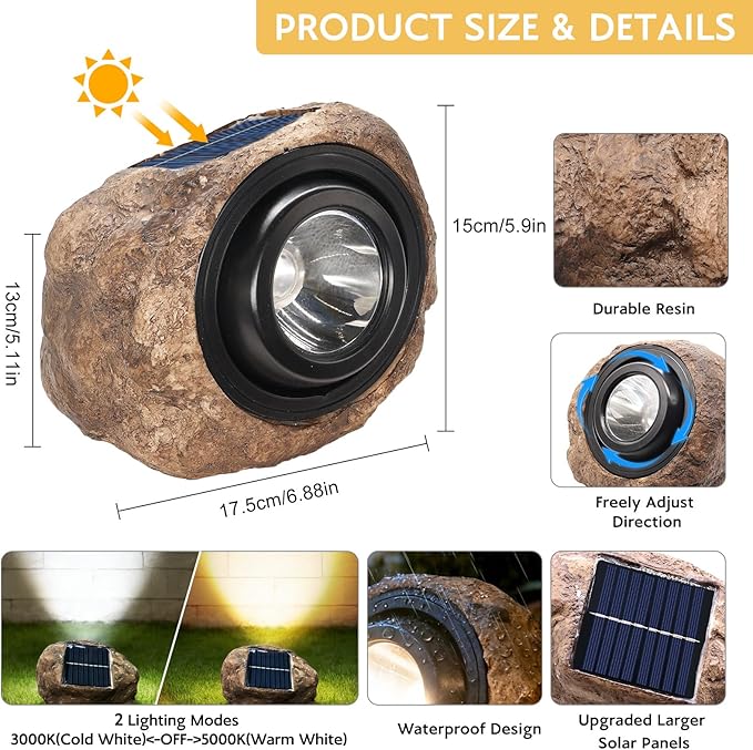 Solar Powered Rock Lights Outdoor- 4 Pack Super Bright Solar Spot Garden with 2 Lighting Modes, IP65 Waterproof Outdoor Decorative for Garden,Backyard, Roads, Yard, Patio Landscape,Sidewalks