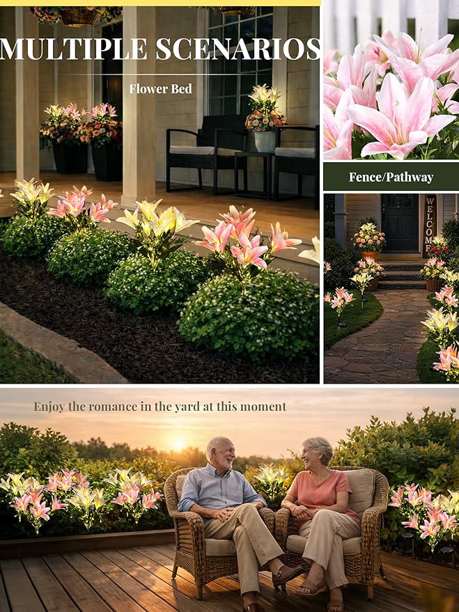 GIGALUMI Solar Garden Lights, LED Lily Garden Decor Carefree Solar Flowers Outdoor Waterproof, Yard Decorations Outdoor, Allergy-Free, Everlasting Light up Flowers for Yard Patio Garden (Set of 2)