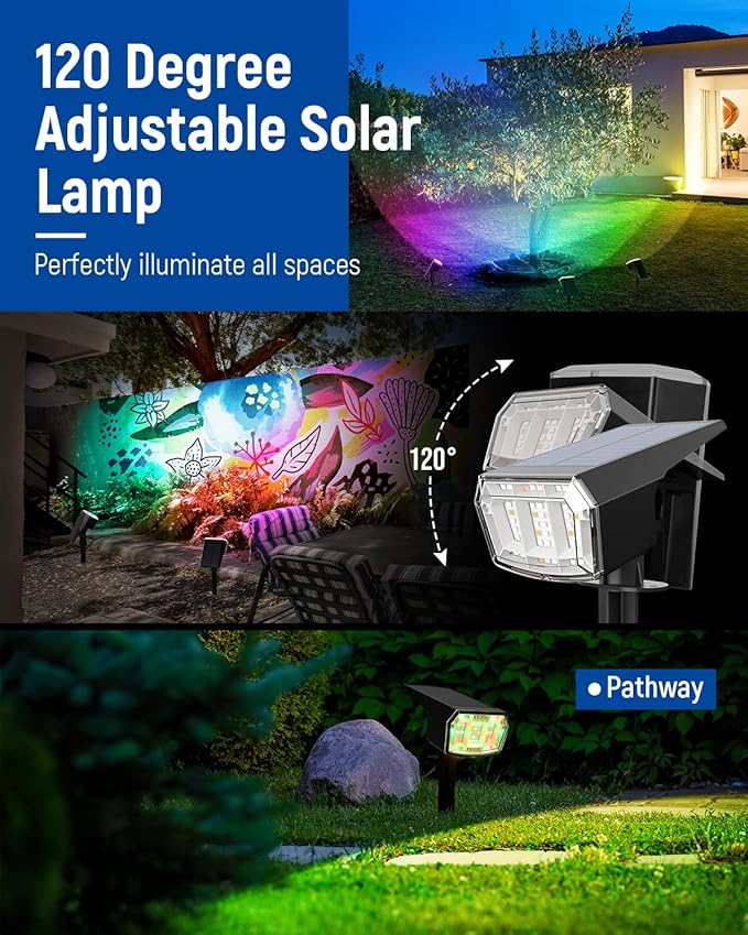 Solar Spot Lights Outdoor, 9 Lighting Modes RGB, Solar Lights Outdoor Waterproof IP65, 63 LED Landscape Spotlights | Lumora