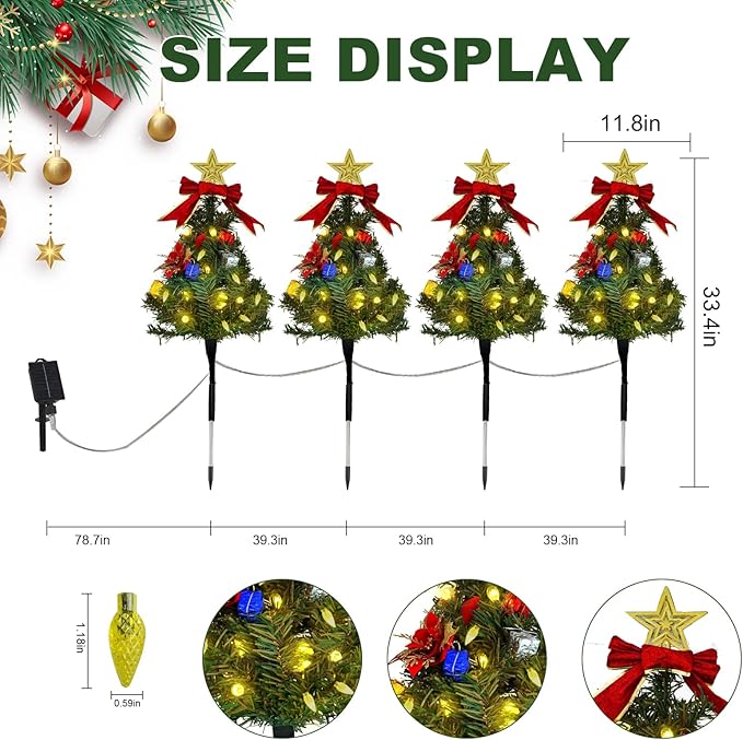 Solar Christmas Tree Pathway Lights Outdoor, Set of 4 Solar Christmas Tree Stake Lights, 80 Outdoor LEDs Xmas Decor, Christmas Decor DIY Xmas Tree Gift (Warm White)