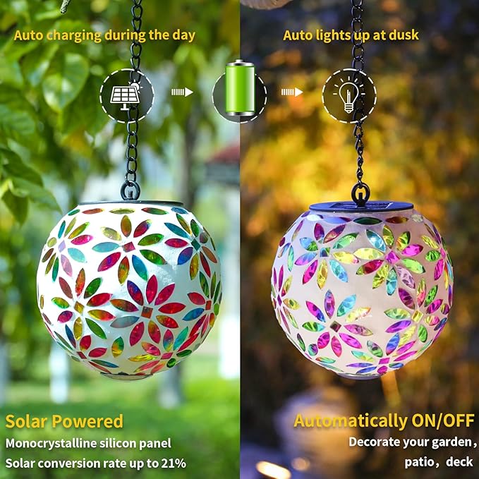 VCUTEKA Hanging Solar Lanterns Mosaic Solar Lights with Hook Up, Outdoor Garden Lights Decor for Yard Tree Fence | Lumora
