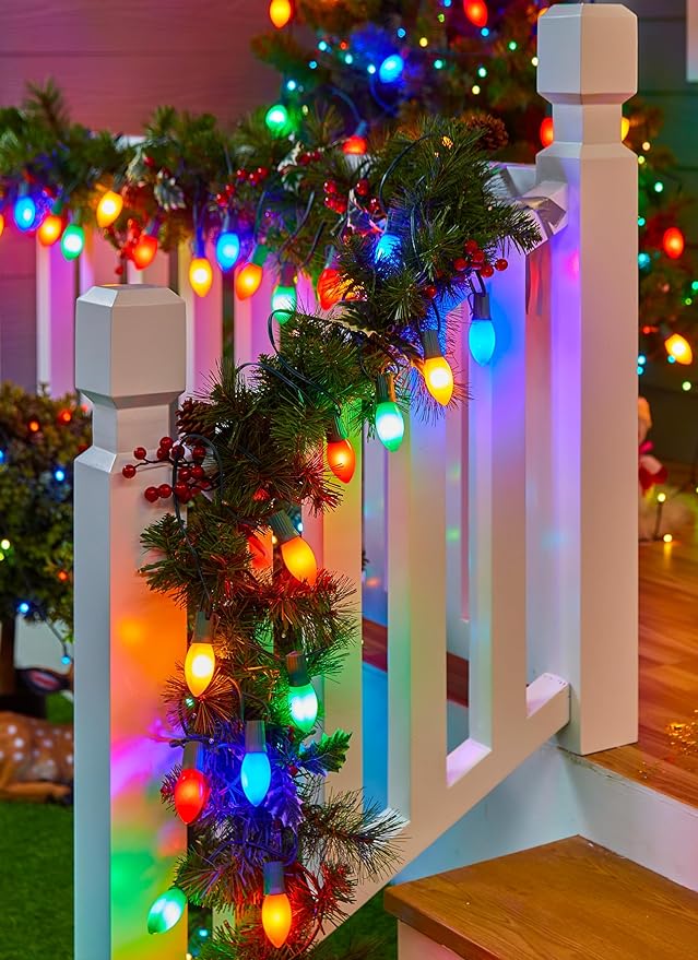 Minetom Vintage C9 LED Christmas Lights Outdoor Multicolor, 50 Feet C9 String Lights for Christmas Tree Roofline Holiday Party Indoor Outdoor Garden Patio Backyard Cafe Xmas Decoration, Green Wire