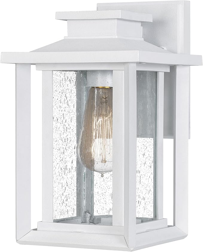 Quoizel Wakefield Vintage Wall Sconce, Coastal Armour 11 Inch 1-Light Matte White Wall Lantern, Clear Seedy Glass Light Fixtures, 100W Medium Base Bulb, Outside Lights for Patio, Porch or Garage