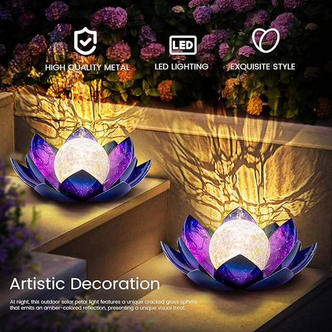 Huaxu Solar Lights for Outdoor Decor, Purple Lotus Flower Light, Waterproof LED Crackle Globe Glass Lamp for | Lumora