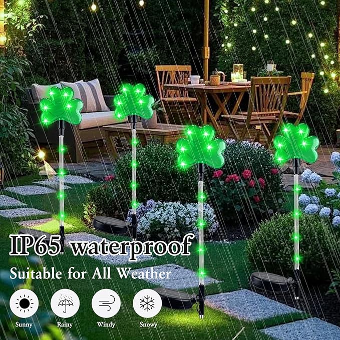 4 Pack Shamrocks Solar Lights St. Patricks Day Green Lucky Solar Light Outdoor Garden Pathway Stake Light Spring Yard Lawn Decor