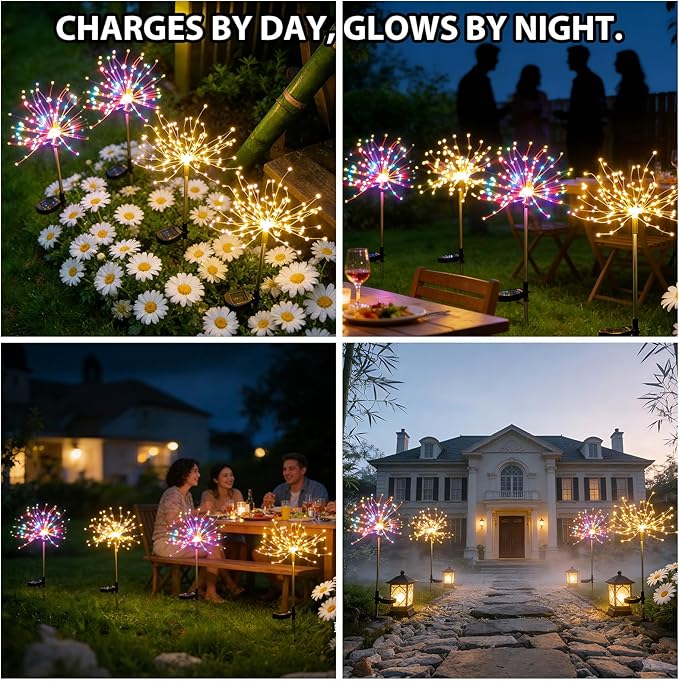 4 Pack 200LED Garden Lights Solar Powered Waterproof, Fireworks Solar Lights Outdoor for Yard Pathway, Solar Fairy Lights Christmas Decorations (2 Warm & 2 Colored)